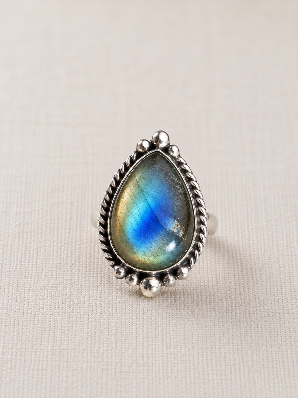 Teardrop Labradorite Ring in Silver with Blue Flash
